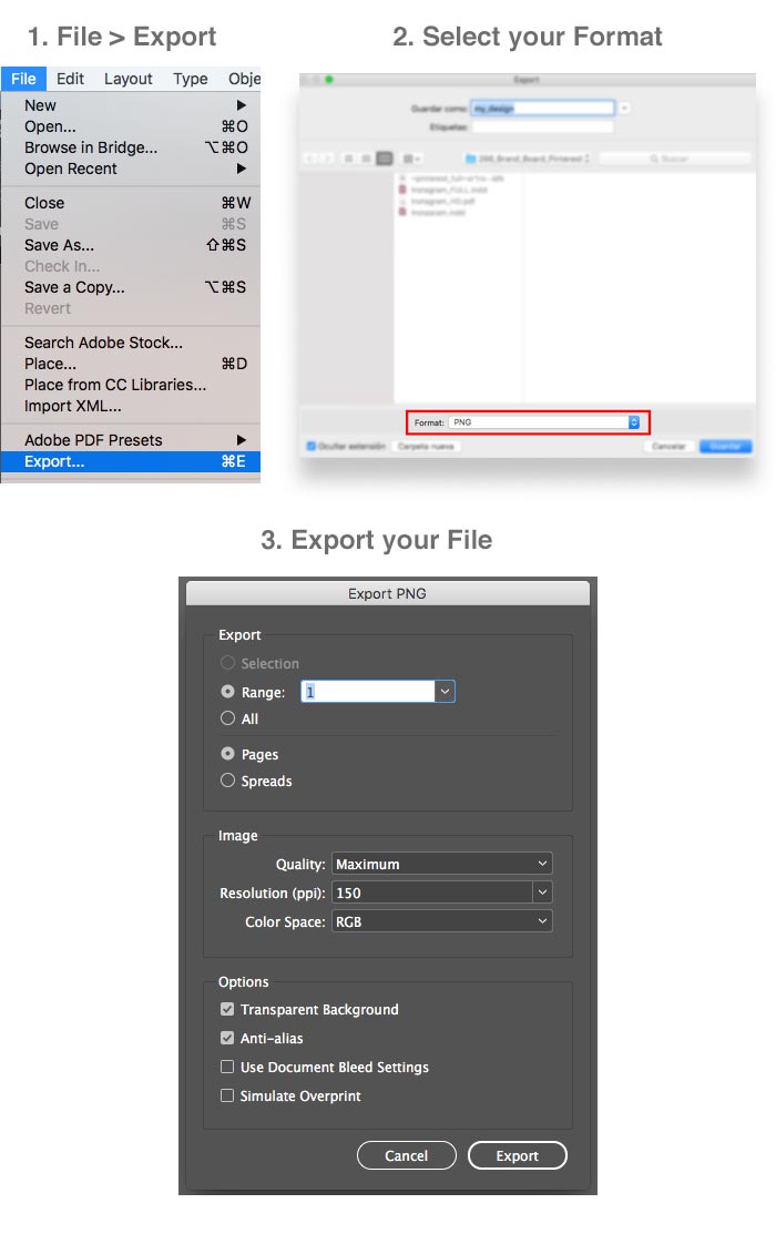 InDesign Export to PNG or JPEG format