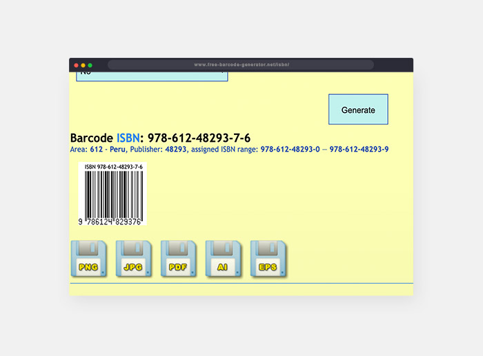 Create ISBN barcodes, vector (PDF, AI, EPS) or image (PNG, JPG)