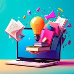 Ilustración de una portada de libro emergiendo de una pantalla con elementos de diseño flotando y el logo de ChatGPT en holograma