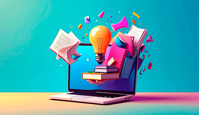 Ilustración de una portada de libro emergiendo de una pantalla con elementos de diseño flotando y el logo de ChatGPT en holograma